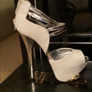 Silver and white super high heel shoes